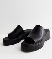 New Look Black Leather-Look Chunky Flatform Sliders